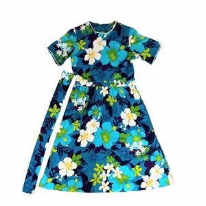 Vintage Handmade Bespoke Dress Hand Sewn Floral Crepe Cotton Summer Party Dress